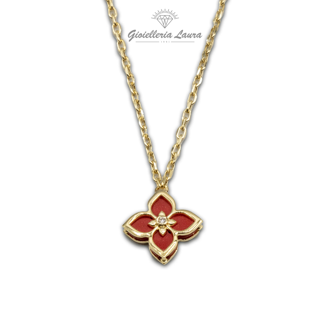 Collana con Fiore Rosso in Oro 18 kt